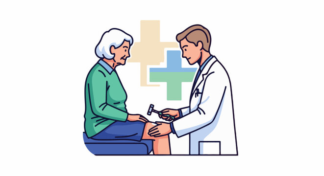 A medical professional tests a patient's knee reflex with a hammer, with medical symbols behind them
