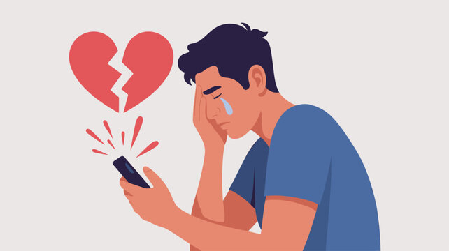 Young man looking at his smartphone with a broken heart symbol and crying after receiving bad news about a romantic relationship in evening.