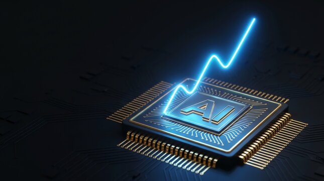 High-tech AI processor chip with an ascending blue light graph, illustrating exponential growth, innovation, and the powerful capabilities of artificial intelligence in modern computing