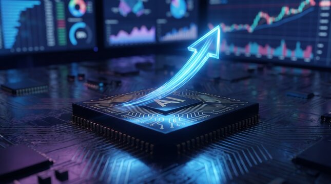 AI-powered financial growth charts and a rising arrow above a computer chip, symbolizing technological advancement in the stock market