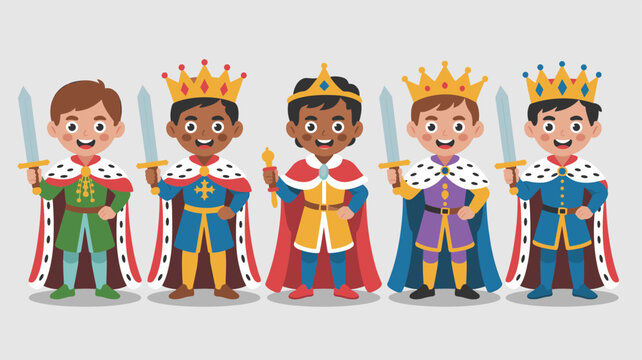 Group of diverse young boys dressed in colorful royal costumes as kings or princes with crowns and swords for play.