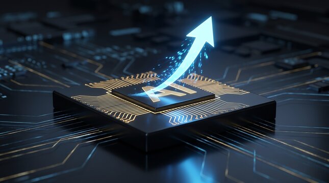 Artificial Intelligence (AI) processor with a prominent upward arrow, symbolizing rapid technological growth, innovation, and progress in computing and smart systems