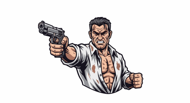 Muscular man in unbuttoned shirt aiming pistol with angry expression