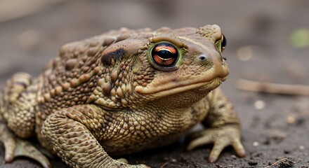 Obraz premium Close-up portrait of brown toad sitting on wet forest ground in natural habitat