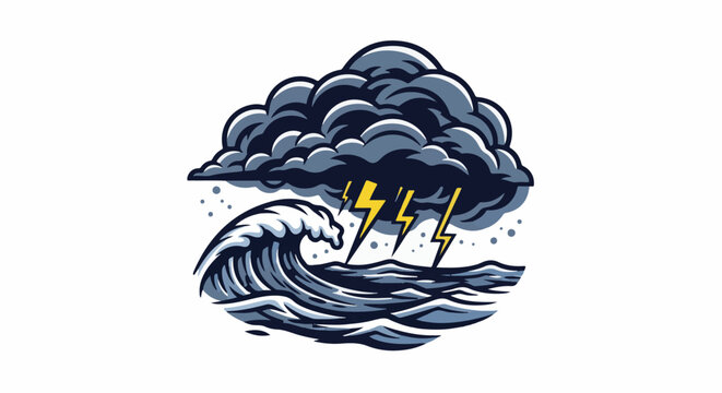 A dark, stormy cloud unleashes lightning upon a powerful ocean wave and rough sea