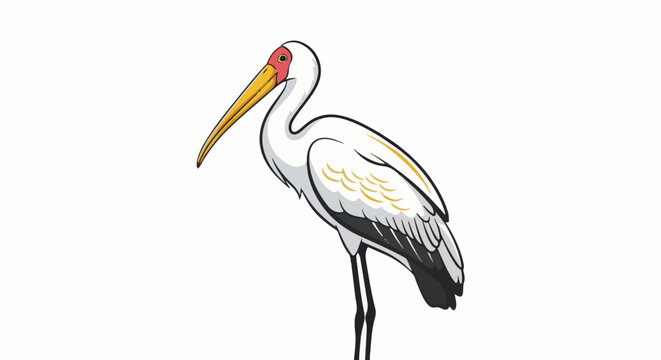 A cartoon-style white bird with a long yellow beak, red eye markings, and grey and white wings stands on thin legs