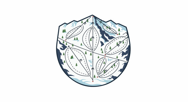 Stylized circular ski resort map with mountains, trees, and lift lines