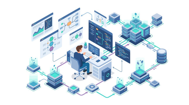 Isometric vector illustration of a software engineer working at a desk managing complex cloud server infrastructure, database systems, and data visualization dashboards on white.