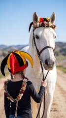 Obraz premium A young girl and a beautiful white horse both wearing matching colorful jester hats and floral wreaths, standing together on a scenic outdoor path.