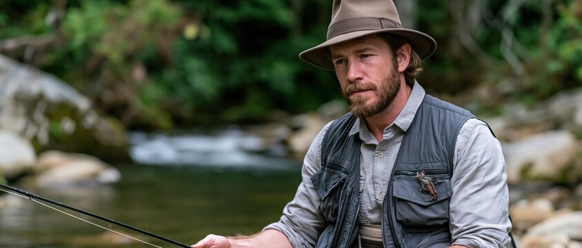 A focused man is fishing quietly at the riverbank, immersed in nature's beauty, showcasing a moment of peace and connection with the great outdoors.