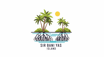 Obraz premium Tropical island with palm trees, sun, water, and exposed roots of plants