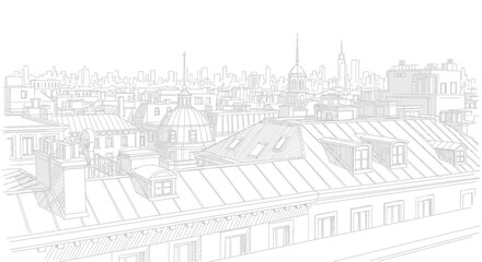 Fototapeta premium Cityscape Rooftop View Sketch - Architectural Drawing of Buildings and Skyline