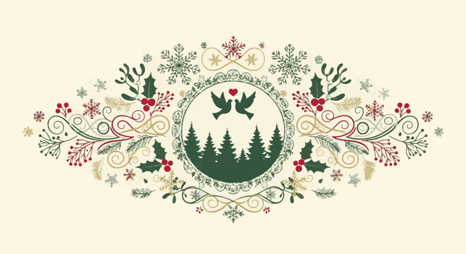 Festive border with kissing doves, pine trees, holly, snowflakes, and swirls