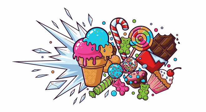 A vibrant, illustrative explosion of colorful frozen treats, candies, and a chocolate bar, set against an icy burst