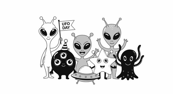 Cute Aliens and UFO Characters Celebrating UFO Day - Vector Art