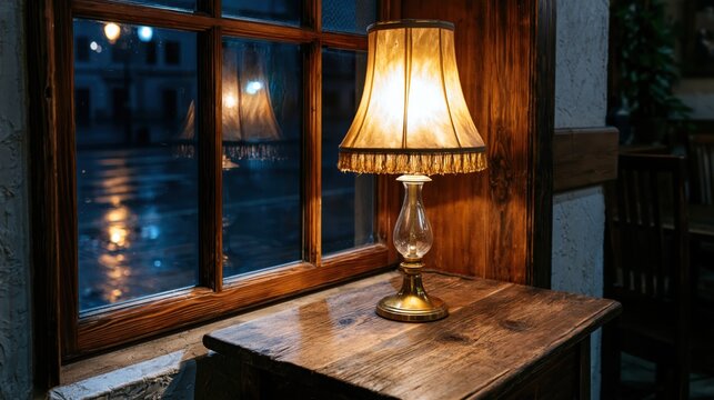 Cinematic interior shot of a cozy coffee shop at night featuring a warm vintage lamp and soft light reflections on a window pane.