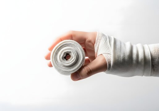A person's hand, braced with a medical bandage for protection or recovery, holds a roll of gauze, a crucial component for wound care and trauma management, signifying healing processes