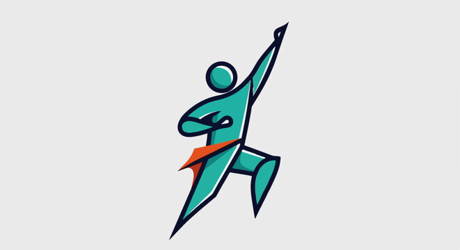 Stylized figure in motion, arm raised, wearing a sash
