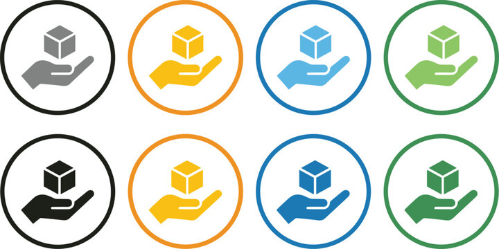 Package delivery and logistics icon collection vector illustration featuring hand holding box symbols for shipping warehouse inventory and supply chain services