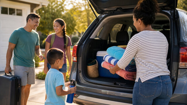 A family is getting ready for a day out. The parents and children are packing a car with coolers and towels. The scene shows excitement and preparation in a sunny driveway.