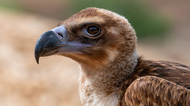 Close-up portrait of a young vulture bird of prey looking to the side, showcasing detailed feathers and a sharp hooked beak in natural light.