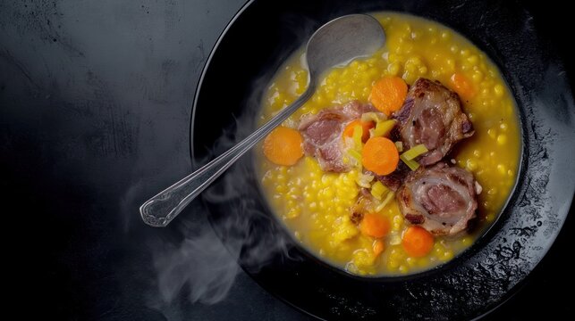 Close-up of a bowl filled with split pea soup, meat, carrots, and a spoon
