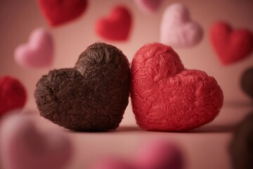 Fototapeta premium Two brown and red heart shaped felted wool decorations on pink background with multiple heart shapes