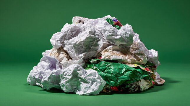 A conceptual arrangement of crumpled paper and discarded items on a solid green background, symbolizing waste management and recycling.