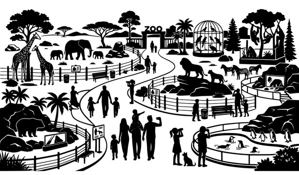Zoo Park Landscape Illustration, Wildlife Safari Scene Vector