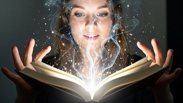Woman looking at glowing magical book with ethereal light