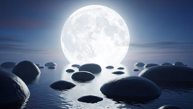 Large full moon rising over dark smooth rocks in water