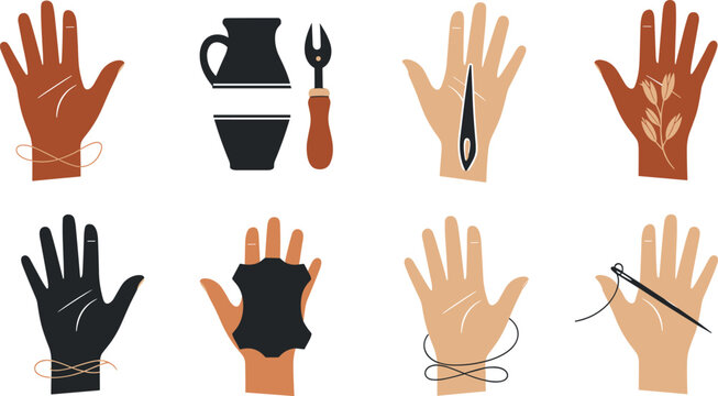 Handmade Crafts and Artisan Workshop Icon Set with Human Hands, Sewing Needle, Thread, Leather Patch, Pottery Tools, and Floral Botanical Elements