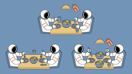 astronauts dining vector illustration space food table blue background cartoon funny science fiction exploration future technology crew meal eating spacecraft astronaut © Digishopppp