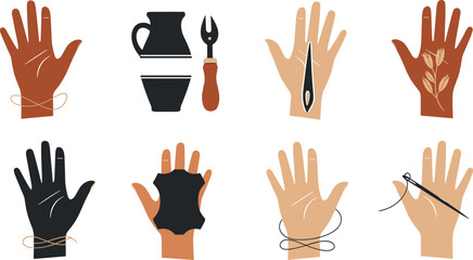 Fototapeta premium Handmade Crafts and Artisan Workshop Icon Set with Human Hands, Sewing Needle, Thread, Leather Patch, Pottery Tools, and Floral Botanical Elements