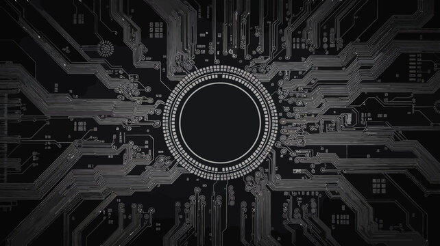 circuit board pattern on dark background electronic components technology network connections silhouette monochrome vector graphic design complex intricate hardware electronics industry