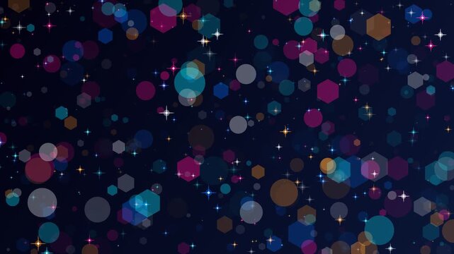 Bokeh particles with hexagonal shapes and sharp star twinkles floating and flickering in dark space for background overlay.
