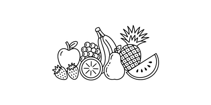 Fruit icons doodle line art set with lemon slice pineapple banana watermelon and berries for healthy lifestyle branding