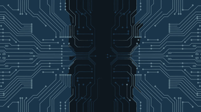 circuit board pattern on dark blue background symmetric design technology electronics network connection vector graphic digital hardware chip microchip schematic layout