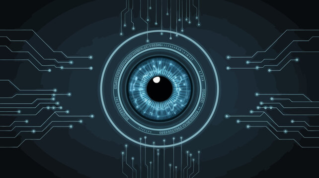 digital eye with circuit patterns futuristic technology blue iris pupil circuits network data connection interface sensor monitoring science innovation artificial intelligence