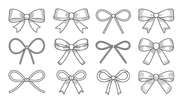 various bows in black and white line art bow ribbon knots drawing illustration simple minimalist decorative pattern design graphic element ornament