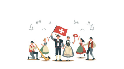 Fototapeta premium Group of Swiss people in traditional costumes with flags and alphorn.