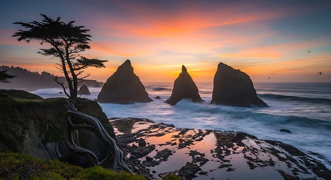 Dramatic Sea Stacks Standing in Colorful Sunset Coastal Landscape