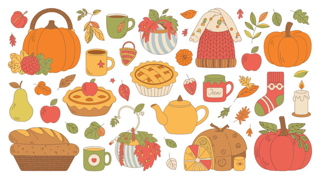 autumn themed colorful illustration fall pumpkin pie apple bread tea cup leaves socks seasonal harvest festive food drink cozy hand drawn pattern