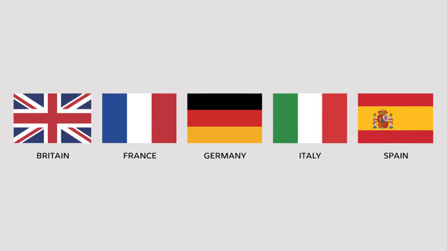 five national flags on gray background britain flag france germany italy spain country symbols icons vector graphics international design illustration collection