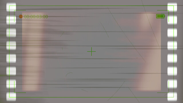 Vintage video camera viewfinder overlay with green recording interface and film strip edges on transparent background, concept of retro cinematography