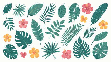 tropical leaves and flowers vector illustration banana monstera hibiscus palm floral pattern design botanical nature exotic summer vacation travel beach resort © Digishopppp