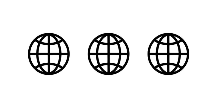 Globe web icon set with three black line circles showing latitude longitude grid for world communication design
