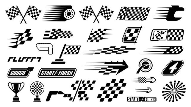 checkered flags and racing icons vector graphics start finish trophy speedometer flag race motorsport auto competition speed line award winning sport