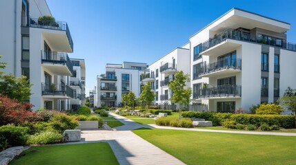 Fototapeta premium Modern residential apartment complex with landscaped courtyard on sunny day
