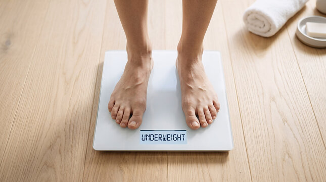 Top view of a person's bare feet standing on a white digital bathroom scale displaying the text UNDERWEIGHT on a light wooden floor.